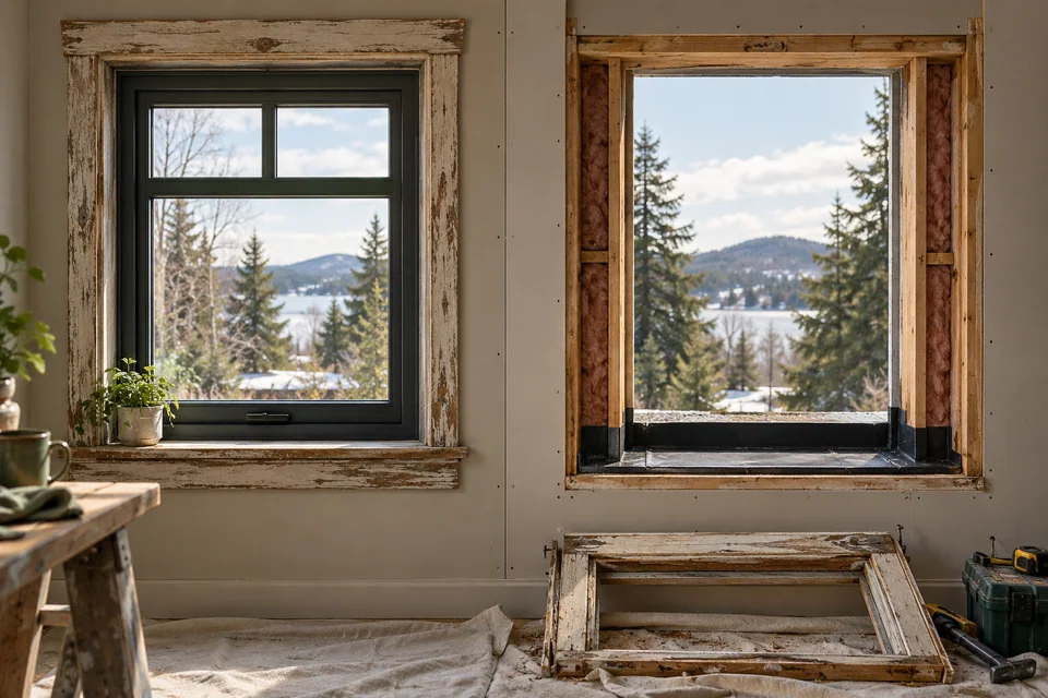 Conceptual architectural illustration: what stays, what comes out. Existing frame, rough opening, repair