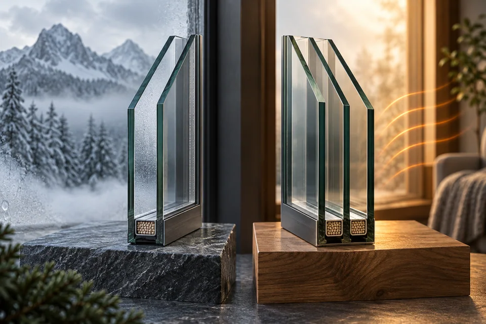 Conceptual architectural illustration: two panes or three?. Heat loss, condensation, weight, cost