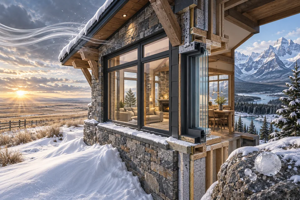 Conceptual architectural illustration: windows for alberta conditions. Cold, hail, exposure, local rules
