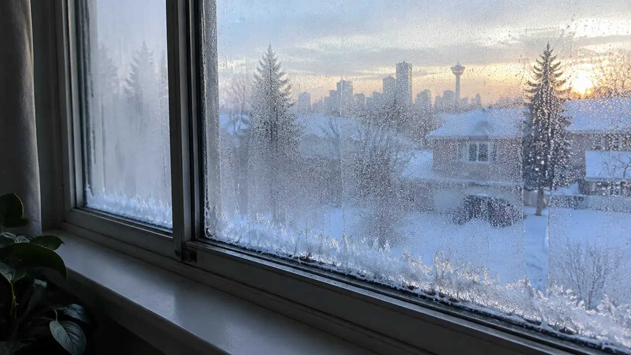 Condensation and ice along the bottom of an old window in winter