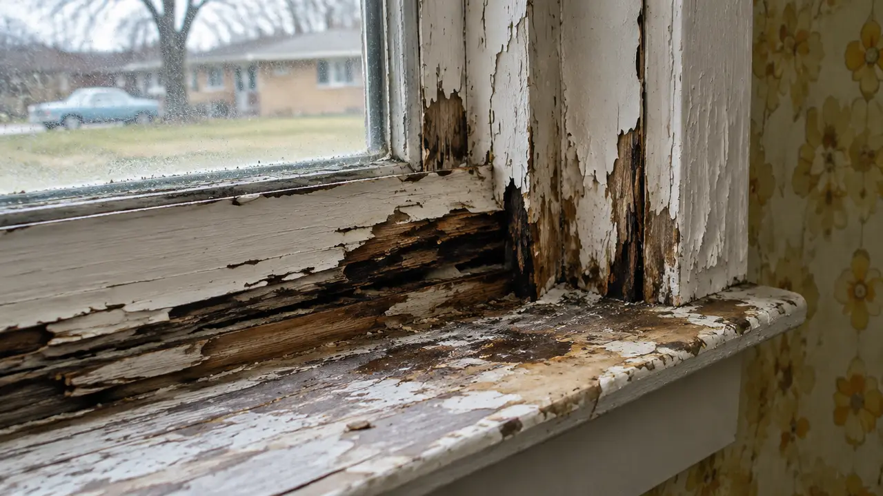 A rotting wooden window sill with peeling paint